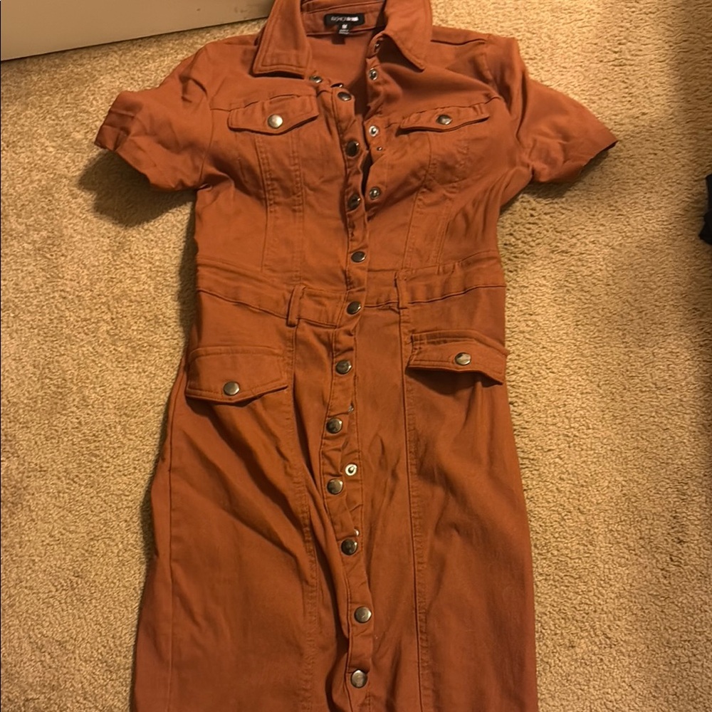 Brown Copper Button-Up Dress